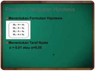 Prosedur Pengujian Hipotesis
Menentukan Formulasi Hipotesis
Menentukan Taraf Nyata
α = 0,01 atau α=0,05
α
 
