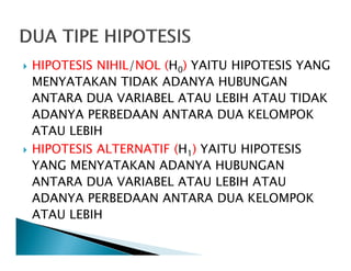 HIPOTESIS NIHIL/NOL (H0) YAITU HIPOTESIS YANG
MENYATAKAN TIDAK ADANYA HUBUNGAN
ANTARA DUA VARIABEL ATAU LEBIH ATAU TIDAK
ADANYA PERBEDAAN ANTARA DUA KELOMPOK
ATAU LEBIHATAU LEBIH
HIPOTESIS ALTERNATIF (H1) YAITU HIPOTESIS
YANG MENYATAKAN ADANYA HUBUNGAN
ANTARA DUA VARIABEL ATAU LEBIH ATAU
ADANYA PERBEDAAN ANTARA DUA KELOMPOK
ATAU LEBIH
 