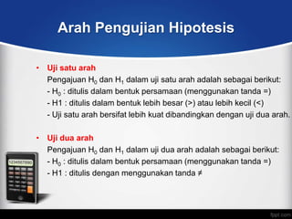 Arah Pengujian Hipotesis

• Uji satu arah
  Pengajuan H0 dan H1 dalam uji satu arah adalah sebagai berikut:
  - H0 : ditulis dalam bentuk persamaan (menggunakan tanda =)
  - H1 : ditulis dalam bentuk lebih besar (>) atau lebih kecil (<)
  - Uji satu arah bersifat lebih kuat dibandingkan dengan uji dua arah.

• Uji dua arah
  Pengajuan H0 dan H1 dalam uji dua arah adalah sebagai berikut:
  - H0 : ditulis dalam bentuk persamaan (menggunakan tanda =)
  - H1 : ditulis dengan menggunakan tanda ≠
 