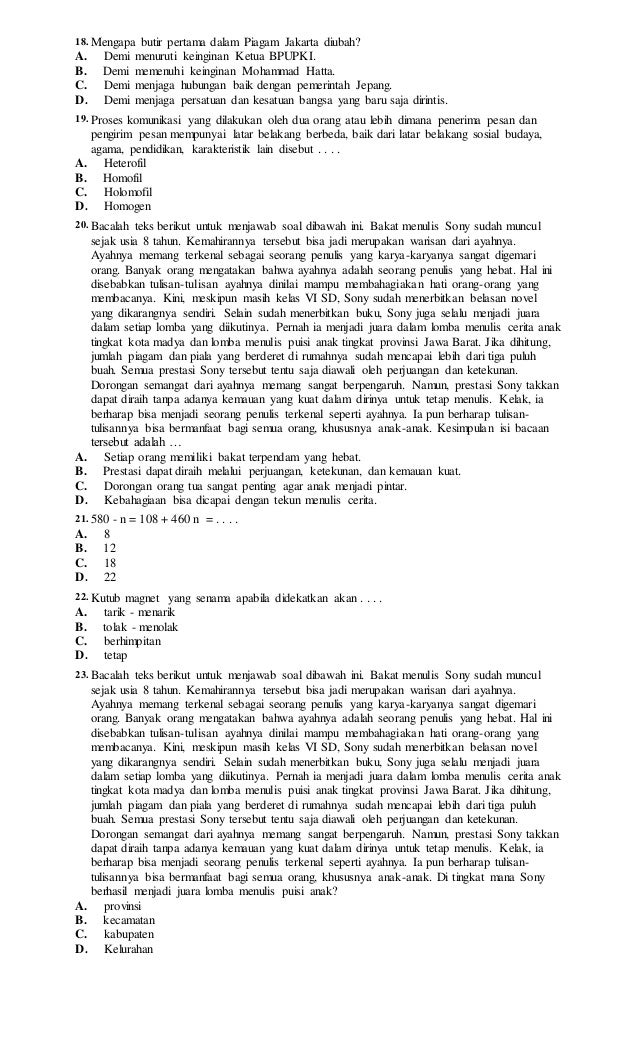 Uji kompetensi guru kelas sd 100 soal