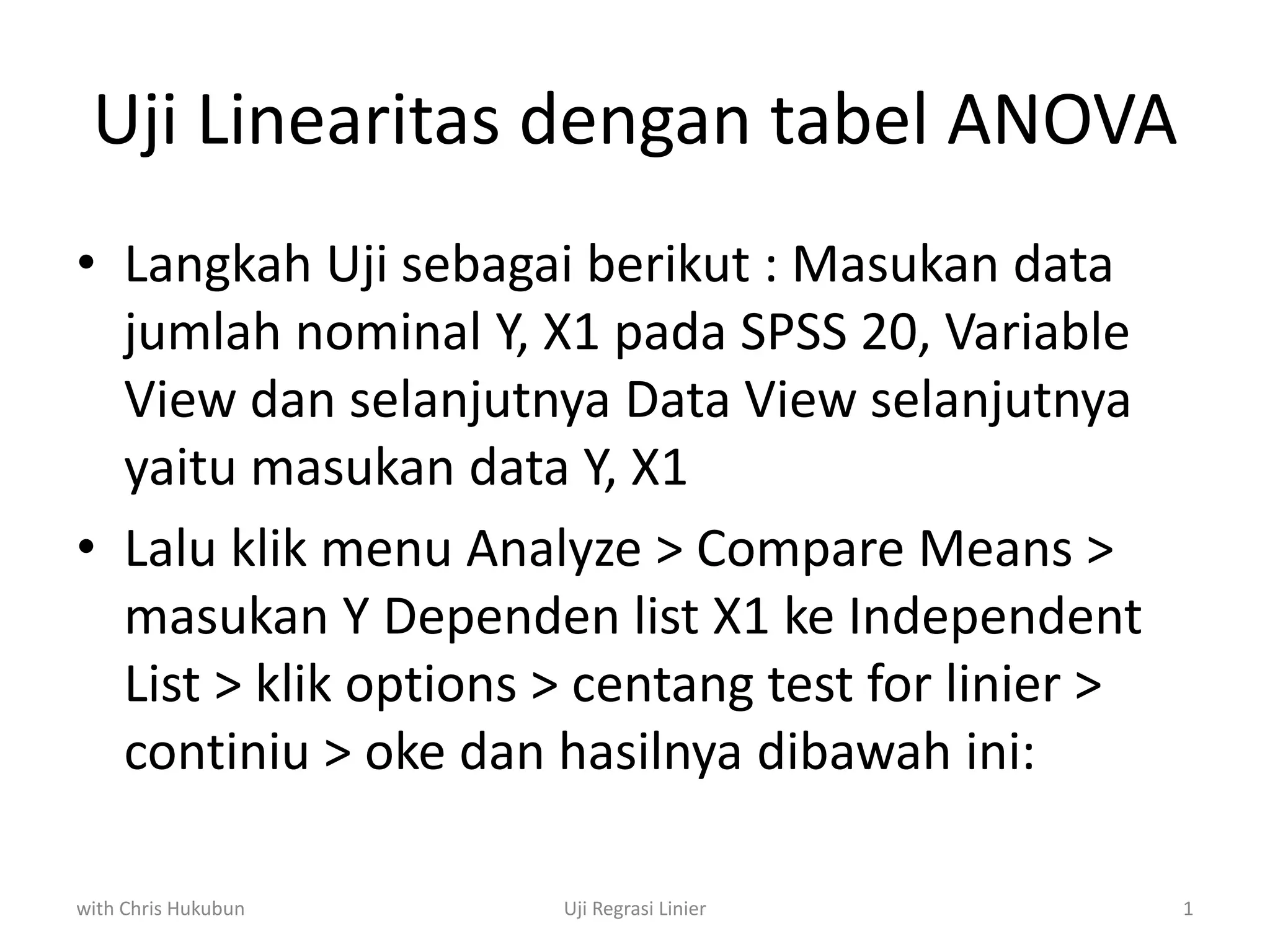 Uji linearitas dengan tabel anova | PPTX