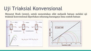 Uji Triaksial Konvensional
Menurut Hoek (2000), untuk menentukan sifat mekanik batuan melalui uji
triaksial konvensional diperlukan sekurang-kurangnya lima contoh batuan
 