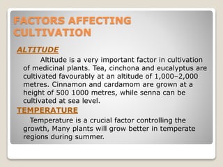 FACTORS AFFECTING
CULTIVATION
ALTITUDE
Altitude is a very important factor in cultivation
of medicinal plants. Tea, cinchona and eucalyptus are
cultivated favourably at an altitude of 1,000–2,000
metres. Cinnamon and cardamom are grown at a
height of 500 1000 metres, while senna can be
cultivated at sea level.
TEMPERATURE
Temperature is a crucial factor controlling the
growth, Many plants will grow better in temperate
regions during summer.
 