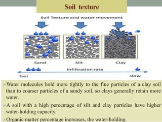 Soil texture
Water molecules hold more tightly to the fine particles of a clay soil
than to coarser particles of a sandy soil, so clays generally retain more
water.
A soil with a high percentage of silt and clay particles have higher
water-holding capacity.
Organic matter percentage increases, the water-holding.
 