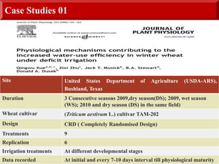 Case Studies 01
Site United States Department of Agriculture (USDA-ARS),
Bushland, Texas
Duration 3 Consecutive seasons 2009,dry season(DS); 2009, wet season
(WS); 2010 and dry season (DS) in the same field)
Wheat cultivar (Triticum aestivum L.) cultivar TAM-202
Design CRD ( Completely Randomised Design)
Treatments 9
Replication 6
Irrigation treatments At different developmental stages
Data recorded At initial and every 7-10 days interval till physiological maturity
 