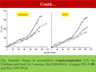 Contd…
Fig- Seasonal change in accumulated evapotranspiration (ET) for
Chickpea and lentil in 3 seasons, Dry(1989-90,O), Average(1991-92, )
and Wet( 1997-98,∆)
chickpea lentil
 
