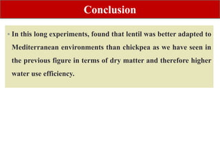 Conclusion
 In this long experiments, found that lentil was better adapted to
Mediterranean environments than chickpea as we have seen in
the previous figure in terms of dry matter and therefore higher
water use efficiency.
 