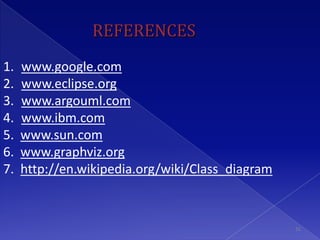 REFERENCES
1.   www.google.com
2.   www.eclipse.org
3.   www.argouml.com
4.   www.ibm.com
5.   www.sun.com
6.   www.graphviz.org
7.   http://en.wikipedia.org/wiki/Class_diagram



                                                  31
 