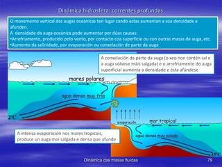 79Dinámica das masas fluídas
Dinámica hidrosfera: correntes profundas
O movemento vertical das augas oceánicas ten lugar cando estas aumentan a súa densidade e
afunden.
A densidade da auga oceánica pode aumentar por dúas causas:
•Arrefriamento, producido polo vento, por contacto coa superficie ou con outras masas de auga, etc.
•Aumento da salinidade, por evaporación ou conxelación de parte da auga
A conxelación da parte da auga (o xeo non contén sal e
a auga vólvese máis salgada) e o arrefriamento do auga
superficial aumenta a densidade e ésta afúndese
A intensa evaporación nos mares tropicais,
produce un auga moi salgada e densa que afunde
 