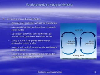 Funcionamento da máquina climática:
 Os movementos verticais dos fluídos:
– Dependen dos gradientes verticais de temperatura
– A temperatura á súa vez, determina a densidade
destes fluídos
– A densidade determina tamén diferenzas de
concentración (gradientes de presión no aire)
– A auga e o aire máis quentes teñen menor
densidade e tenden a subir
– A auga e o aire máis fríos teñen maior densidade e
tenden a baixar
– A auga é tan pouco compresible que non existen
nela grandes gradientes de presión
Dinámica das masas fluídas 8
 