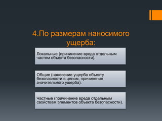 4.По размерам наносимого
ущерба:
Локальные (причинение вреда отдельным
частям объекта безопасности).
Общие (нанесение ущерба объекту
безопасности в целом, причинение
значительного ущерба).
Частные (причинение вреда отдельным
свойствам элементов объекта безопасности).
 