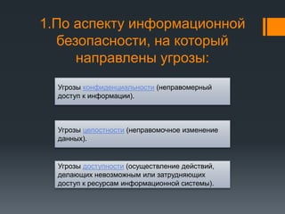 1.По аспекту информационной
безопасности, на который
направлены угрозы:
Угрозы доступности (осуществление действий,
делающих невозможным или затрудняющих
доступ к ресурсам информационной системы).
Угрозы целостности (неправомочное изменение
данных).
Угрозы конфиденциальности (неправомерный
доступ к информации).
 