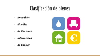 Clasificación de bienes
- Inmuebles
- Muebles
- de Consumo
- Intermedios
- de Capital
 