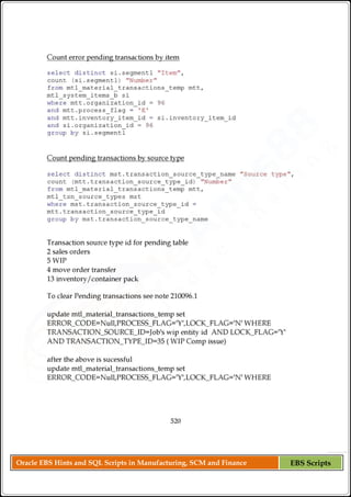Oracle EBS Hints and SQL Scripts in Manufacturing, SCM and Finance EBS Scripts
 