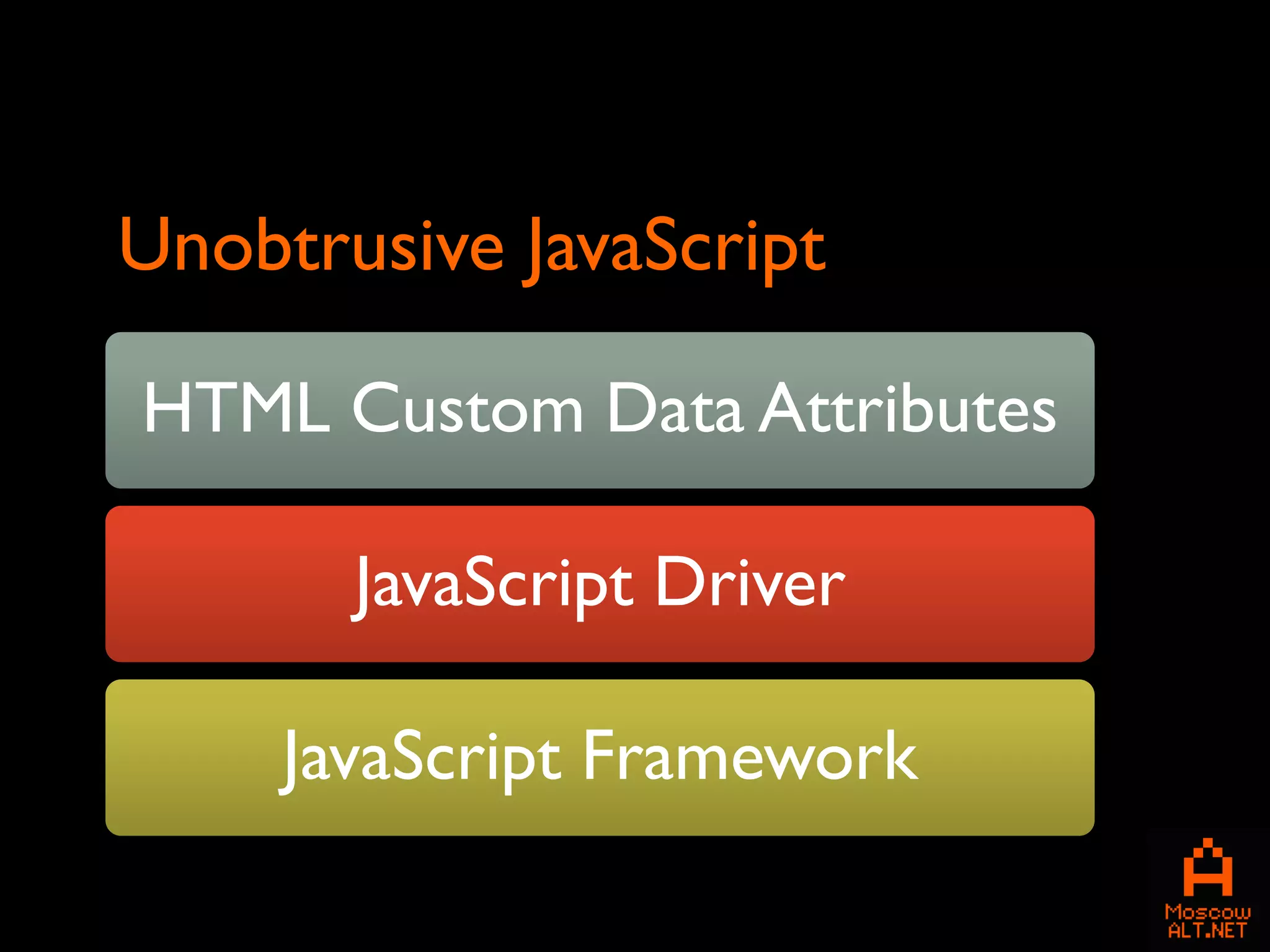 Unobtrusive JavaScript

HTML Custom Data Attributes

       JavaScript Driver

     JavaScript Framework
 