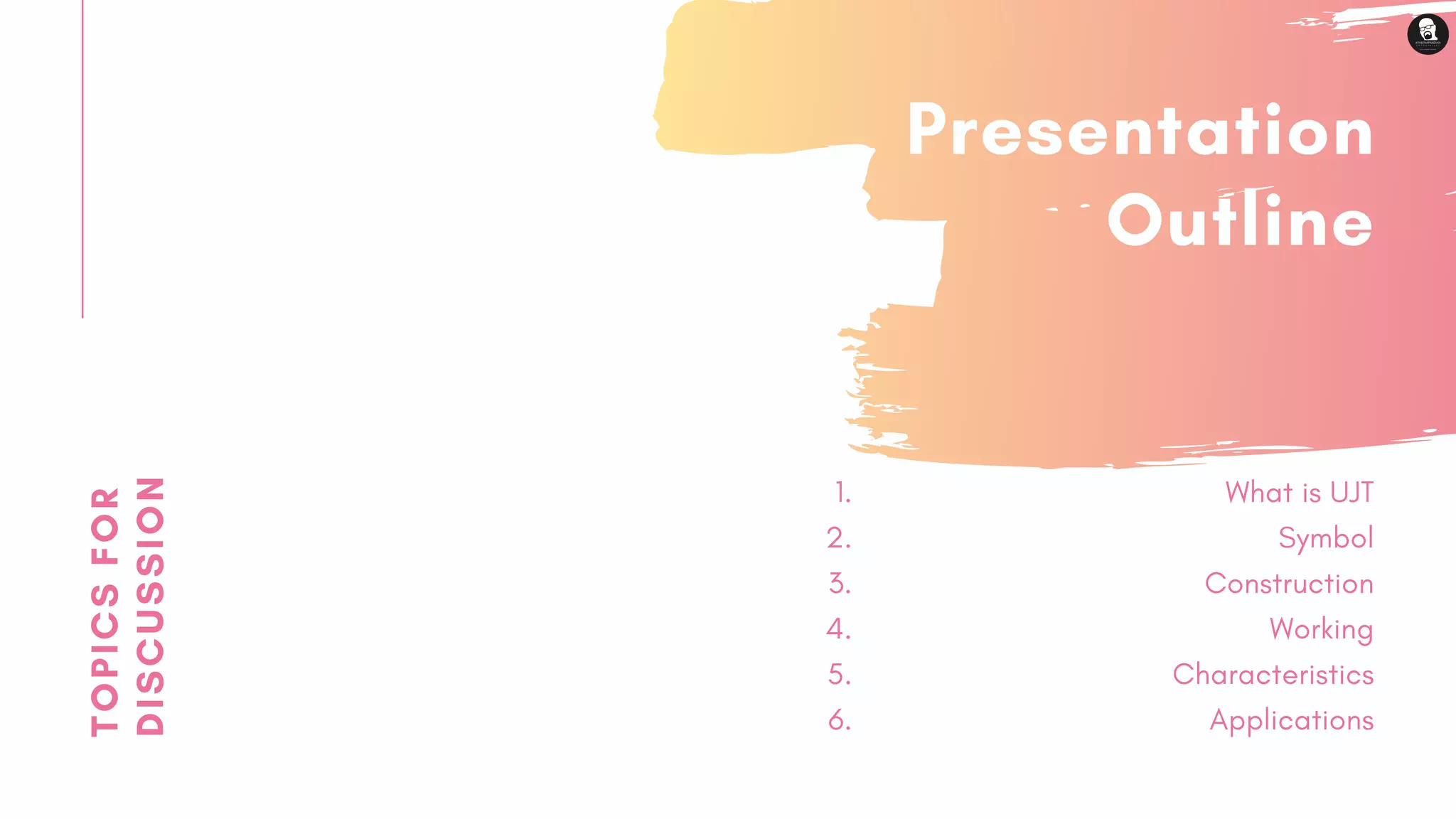 TOPICSFOR
DISCUSSION Presentation
Outline
What is UJT
Symbol
Construction
Working
Characteristics
Applications
1.
2.
3.
4.
5.
6.
 