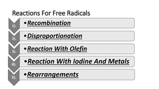Reactions For Free Radicals
1). •Recombination
2). •Disproportionation
3). •Reaction With Olefin
4). •Reaction With Iodine...