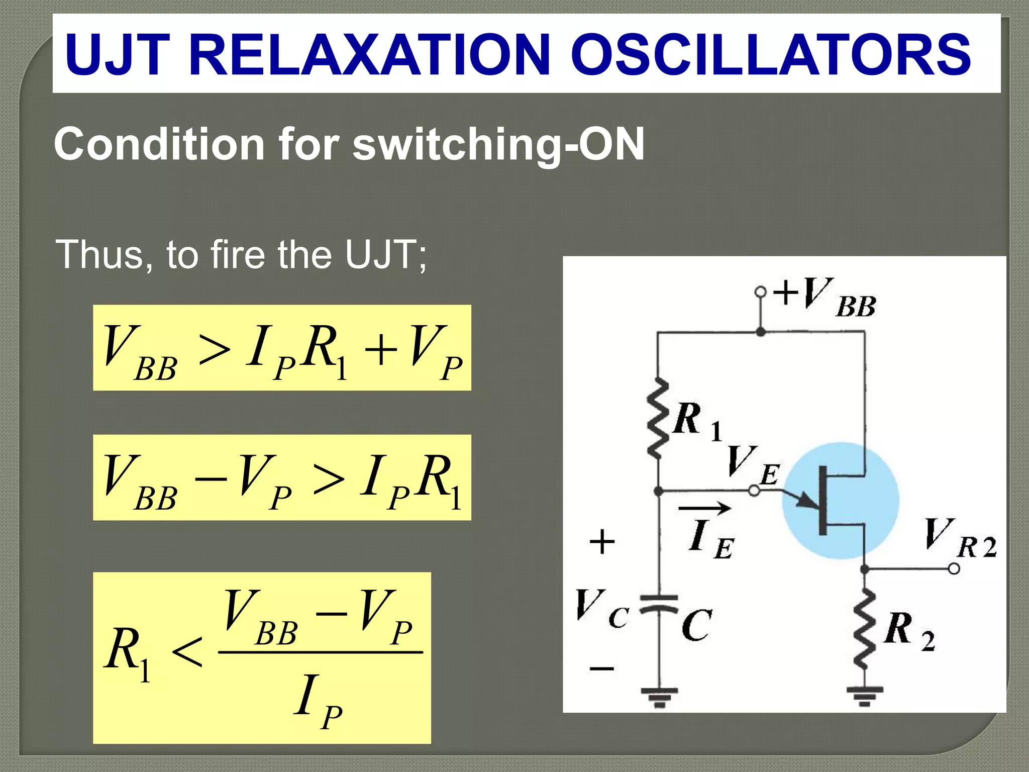UJT RELAXATION OSCILLATORS
Thus, to fire the UJT;
PPBB VRIV  1
1RIVV PPBB 
P
PBB
I
VV
R

1
Condition for switching-ON
 