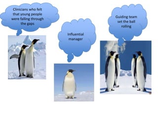 Clinicians who felt
 that young people
                                     Guiding team
were falling through
                                      set the ball
       the gaps
                                        rolling

                       Influential
                        manager
 