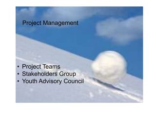 Project Management




• Project Teams
• Stakeholders Group
• Youth Advisory Council
 
