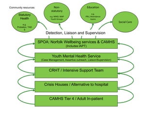 Community resources:              Non-                            Education
                                statutory
                                                                    e.g.
       Statutory               e.g. MIND, MAP                 PRU, Attendance
        Health                  Youth Groups                       teams
                                                                                     Social Care
           e.g.
      Probation, TAD
             S
                           Detection, Liaison and Supervision

                       SPOA: Norfolk Wellbeing services & CAMHS
                                                (Includes IAPT)


                                Youth Mental Health Service
                        (Case Management, Assertive outreach, Liaison/Supervision)



                              CRHT / Intensive Support Team


                          Crisis Houses / Alternative to hospital


                              CAMHS Tier 4 / Adult In-patient
 