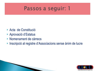 Acta  de Constitució  Aprovació d’Estatus  Nomenament de càrrecs  Inscripció al registre d’Associacions sense ànim de lucre 