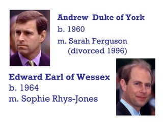 Andrew Duke of York
b. 1960
m. Sarah Ferguson
(divorced 1996)
Edward Earl of Wessex
b. 1964
m. Sophie Rhys-Jones
 