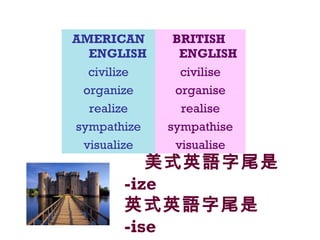 美式英語字尾是
-ize
英式英語字尾是
-ise
AMERICAN
ENGLISH
BRITISH
ENGLISH
civilize civilise
organize organise
realize realise
sympathize sympathise
visualize visualise
 