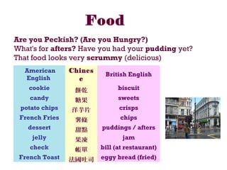  American
English
Chines
e
 British English
cookie 餅乾 biscuit
candy 糖果 sweets
potato chips 洋芋片 crisps
French Fries 薯條 chips
dessert 甜點 puddings / afters
jelly 果凍 jam
check 帳單 bill (at restaurant)
French Toast 法國吐司 eggy bread (fried)
Food
Are you Peckish? (Are you Hungry?)
What's for afters? Have you had your pudding yet?
That food looks very scrummy (delicious)
 