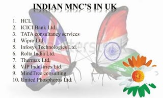 1. HCL 
2. ICICI Bank Ltd. 
3. TATA consultancy services 
4. Wipro Ltd. 
5. Infosys Technologies Ltd. 
6. Rolta India Ltd. 
7. Thermax Ltd. 
8. VIP Industries Ltd. 
9. MindTree consulting 
10. United Phosphorus Ltd. 
 