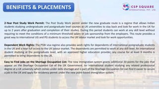 BENIFIETS & PLACEMENTS
2-Year Post Study Work Permit: The Post Study Work permit under the new graduate route is a regime that allows Indian
students studying undergraduate and postgraduate level courses at UK universities to stay back and look for work in the UK for
up to 2 years after graduation and completion of their studies. During this period students can work at any skill level without
requiring to meet the conditions of a minimum threshold salary or job sponsorship from the employers. This route provides a
great way to international UG and PG students to access the UK labour market and look for work opportunities.
Dependent Work Rights: The PSW visa regime also provides work rights for dependents of international postgraduate students
in the UK and a near full access to the UK labour market. The dependents are permitted to work at any skill level. An international
student studying at the postgraduate level, with an approved higher education provider, any course for at least 9 months is
permitted to bring dependents to the UK.
Easy to Find Jobs on the Shortage Occupation List: The new immigration system grants additional 20 points for the jobs that
appear on the Shortage Occupation List of the UK Government. An international student studying any related professional
degree at a UK university which comes under skills shortage and is part of the Shortage Occupation list can find it easier to secure
a job in the UK and apply for residency permit under the new point-based immigration system.
 