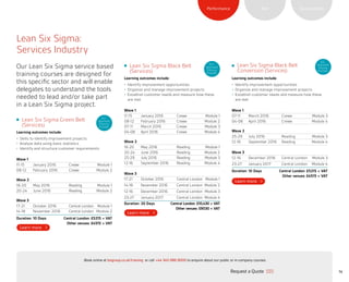 SustainabilityRiskPerformance
14
Lean Six Sigma Green Belt
(Services)
Learning outcomes include:
•	 Skills to identify improvement projects
•	 Analyze data using basic statistics
•	 Identify and structure customer requirements
Wave 1
11-15 January 2016 Crewe Module 1
08-12 February 2016 Crewe Module 2
Wave 2
16-20 May 2016 Reading Module 1
20-24 June 2016 Reading Module 2
Wave 3
17-21 October 2016 Central London Module 1
14-18 November 2016 Central London Module 2
Duration: 10 Days	 Central London: £5215 + VAT
Other venues: £4515 + VAT
Lean Six Sigma Black Belt
(Services)
Learning outcomes include:
•	 Identify improvement opportunities
•	 Organize and manage improvement projects
•	 Establish customer needs and measure how these
are met
Wave 1
11-15 January 2016 Crewe Module 1
08-12 February 2016 Crewe Module 2
07-11 March 2016 Crewe Module 3
04-08 April 2016 Crewe Module 4
Wave 2
16-20 May 2016 Reading Module 1
20-24 June 2016 Reading Module 2
25-29 July 2016 Reading Module 3
12-16 September 2016 Reading Module 4
Wave 3
17-21 October 2016 Central London Module 1
14-18 November 2016 Central London Module 2
12-16 December 2016 Central London Module 3
23-27 January 2017 Central London Module 4
Duration: 20 Days 	 Central London: £10,430 + VAT
Other venues: £9030 + VAT
Lean Six Sigma Black Belt
Conversion (Services)
Learning outcomes include:
•	 Identify improvement opportunities
•	 Organize and manage improvement projects
•	 Establish customer needs and measure how these
are met
Wave 1
07-11 March 2016 Crewe Module 3
04-08 April 2016 Crewe Module 4
Wave 2
25-29 July 2016 Reading Module 3
12-16 September 2016 Reading Module 4
Wave 3
12-16 December 2016 Central London Module 3
23-27 January 2017 Central London Module 4
Duration: 10 Days	 Central London: £5215 + VAT
Other venues: £4515 + VAT
Our Lean Six Sigma service based
training courses are designed for
this specific sector and will enable
delegates to understand the tools
needed to lead and/or take part
in a Lean Six Sigma project.
Lean Six Sigma:
Services Industry
ELC
Approved
Training
Provider
ELC
Approved
Training
Provider
ELC
Approved
Training
Provider
Request a Quote
or call +44 345 086 9000 to enquire about our public or in-company courses.Book online at bsigroup.co.uk/training
ExitMain MenuNext PagePrevious Page
 