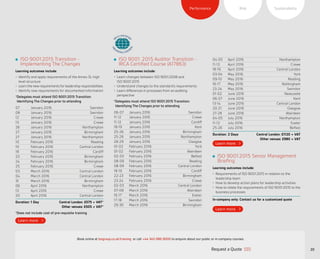 20
SustainabilityRiskPerformance
ISO 9001: 2015 Auditor Transition -
IRCA Certified Course (A17863)
Learning outcomes include:
•	 Learn changes between ISO 9001:2008 and
ISO 9001:2015
•	 Understand changes to the standard’s requirements
•	 Learn differences in processes from an auditing
perspective
*Delegates must attend ISO 9001:2015 Transition:
Identifying The Changes prior to attending
06-07 January 2016 Swindon
11-12 January 2016 Crewe
11-12 January 2016 Cardiff
18-19 January 2016 Kent
25-26 January 2016 Birmingham
25-26 January 2016 Northampton
28-29 January 2016 Glasgow
01-02 February 2016 York
01-02 February 2016 Aberdeen
02-03 February 2016 Belfast
08-09 February 2016 Reading
08-09 February 2016 Central London
18-19 February 2016 Cardiff
22-23 February 2016 Birmingham
23-24 February 2016 Crewe
02-03 March 2016 Central London
07-08 March 2016 Aberdeen
16-17 March 2016 Exeter
17-18 March 2016 Swindon
29-30 March 2016 Birmingham
ISO 9001:2015 Transition -
Implementing The Changes
Learning outcomes include:
•	 Identify and apply requirements of the Annex SL high
level structure
•	 Learn the new requirements for leadership responsibilities
•	 Identify new requirements for documented information
*Delegates must attend ISO 9001:2015 Transition:
Identifying The Changes prior to attending
07 January 2016 Swindon
08 January 2016 Swindon
12 January 2016 Crewe
13 January 2016 Crewe
26 January 2016 Northampton
27 January 2016 Birmingham
27 January 2016 Northampton
10 February 2016 Reading
10 February 2016 Central London
18 February 2016 Cardiff
23 February 2016 Birmingham
24 February 2016 Birmingham
25 February 2016 Crewe
03 March 2016 Central London
04 March 2016 Central London
31 March 2016 Birmingham
06 April 2016 Northampton
13 April 2016 Crewe
20 April 2016 Central London
Duration: 1 Day Central London: £575 + VAT*
Other venues: £505 + VAT*
*Does not include cost of pre-requisite training
ISO 9001:2015 Senior Management
Briefing
Learning outcomes include:
•	 Requirements of ISO 9001:2015 in relation to the
leadership team
•	 How to develop action plans for leadership activities
•	 How to relate the requirements of ISO 9001:2015 to the
business processes
In-company only: Contact us for a customized quote
04-05 April 2016 Northampton
11-12 April 2016 Crewe
18-19 April 2016 Central London
03-04 May 2016 York
09-10 May 2016 Reading
16-17 May 2016 Nottingham
23-24 May 2016 Swindon
01-02 June 2016 Newcastle
06-07 June 2016 Kent
13-14 June 2016 Central London
20-21 June 2016 Glasgow
27-28 June 2016 Aberdeen
04-05 July 2016 Northampton
11-12 July 2016 Exeter
25-26 July 2016 Belfast
Duration: 2 Days Central London: £1120 + VAT
Other venues: £980 + VAT
Request a Quote
or call +44 345 086 9000 to enquire about our public or in-company courses.Book online at bsigroup.co.uk/training
ExitMain MenuNext PagePrevious Page
 