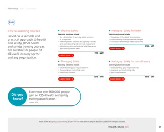 Performance | Risk | Sustainability
Managing Safely for non-UK users
Learning outcomes include:
•	 Understanding your responsibilities
•	 Assessing and controlling risks
•	 Identifying hazards
£515 + VAT
Managing Safely
Learning outcomes include:
•	 Understanding your responsibilities
•	 Assessing and controlling risks
•	 Identifying hazards
£515 + VAT
Managing Safely Refresher
Learning outcomes include:
•	 Knowledge of the latest best practice
•	 Understanding of any legislative changes
•	 Ensure your knowledge is kept up to date
£199 + VAT
Working Safely
Learning outcomes include:
•	 An introduction to working safely and why
it is important
•	 Defining hazard and risk, recognizing hazards
and understanding risk and risk assessment
•	 Identifying common hazards, how these arise
and how to prevent them
£110 + VAT
23
IOSH e-learning courses
Based on a sensible and
practical approach to health
and safety, IOSH health
and safety training courses
are suitable for people of
all levels in every sector
and any organization.
*Source: IOSH
Every year over 160,000 people
gain an IOSH health and safety
training qualification.*
Did you
know?
Request a Quote
or call +44 345 086 9000 to enquire about our public or in-company courses.Book online at bsigroup.co.uk/training
ExitMain MenuNext PagePrevious Page
 