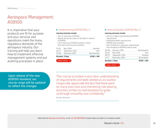Performance | Risk | Sustainability
25
Aerospace Management:
AS9100
It is imperative that your
products are fit for purpose
and your services and
operations meet the many
regulatory demands of the
aerospace industry. Our
training will help you learn
how to implement effective
management systems and put
auditing processes in place.
Internal Auditor AS9100 Rev. C
Learning outcomes include:
•	 Gain an in-depth understanding of AS9100
requirements
•	 Understand what’s required of an
AS9100 internal auditor
•	 Gain confidence in planning, implementing
and managing an AS9100 internal audit
08-09 February 2016 Northampton
19-20 May 2016 York
06-07 September 2016 Reading
14-15 November 2016 Birmingham
Duration: 2 Days £1335 + VAT
Implementing AS9100 Rev. C
Learning outcomes include:
•	 Gain an overview of AS9100
•	 Appreciate the principles of ISO 9001 in relation
to AS9100
•	 Learn how to put AS9100 systems in place
that meet internal audit standards
19-20 April 2016 Swindon
26-27 September 2016 York
05-06 December 2016 Northampton
Duration: 2 Days £1335 + VAT
“The course provided a very clear understanding
of requirements and skills needed as an auditor.
I especially appreciate the fact that there were
so many exercises and interesting role playing
activities similar to real situations to guide
us through smoothly and confidently.”
B.Lyindor, Benedictor
Upon release of the new
AS9100 standard, our
course range will be updated
to reflect the changes
Request a Quote
or call +44 345 086 9000 to enquire about our public or in-company courses.Book online at bsigroup.co.uk/training
ExitMain MenuNext PagePrevious Page
 