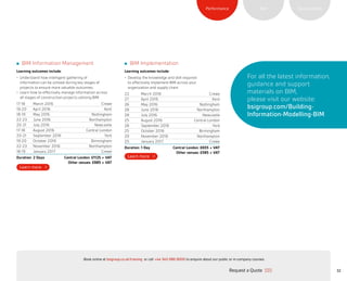 SustainabilityRiskPerformance
32
BIM Information Management
Learning outcomes include:
•	 Understand how intelligent gathering of
information can be utilized during key stages of
projects to ensure more valuable outcomes.
•	 Learn how to effectively manage information across
all stages of construction projects utilizing BIM.
17-18 March 2016 Crewe
19-20 April 2016 Kent
18-19 May 2016 Nottingham
22-23 June 2016 Northampton
20-21 July 2016 Newcastle
17-18 August 2016 Central London
20-21 September 2016 York
19-20 October 2016 Birmingham
22-23 November 2016 Northampton
18-19 January 2017 Crewe
Duration: 2 Days Central London: £1125 + VAT
Other venues: £985 + VAT
BIM Implementation
Learning outcomes include:
•	 Develop the knowledge and skill required
to effectively implement BIM across your
organization and supply chain.
22 March 2016 Crewe
27 April 2016 Kent
26 May 2016 Nottingham
28 June 2016 Northampton
28 July 2016 Newcastle
25 August 2016 Central London
28 September 2016 York
25 October 2016 Birmingham
29 November 2016 Northampton
25 January 2017 Crewe
Duration: 1 Day Central London: £655 + VAT
Other venues: £585 + VAT
For all the latest information,
guidance and support
materials on BIM,
please visit our website:
bsigroup.com/Building-
Information-Modelling-BIM
Request a Quote
or call +44 345 086 9000 to enquire about our public or in-company courses.Book online at bsigroup.co.uk/training
ExitMain MenuNext PagePrevious Page
 