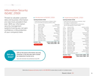 Performance | Risk | Sustainability
33
Introduction to ISO/IEC 27001
Learning outcomes include:
•	 Understand the requirements of ISO/IEC 27001
•	 Learn the benefits of adopting ISO/IEC 27001
11 January 2016 Newcastle
09 February 2016 Central London
23 March 2016 Kent
13 April 2016 Nottingham
06 May 2016 Newcastle
01 June 2016 Reading
29 June 2016 Birmingham
08 August 2016 York
05 September 2016 Northampton
20 October 2016 Swindon
14 November 2016 Crewe
13 December 2016 Nottingham
Duration: 1 Day Central London: £665 + VAT
Other venues: £595 + VAT
Implementing ISO/IEC 27001
Learning outcomes include:
•	 Understand the requirements of ISO/IEC 27001
•	 The stages of implementation
•	 The benefits of implementing an Information
Security Management System (ISMS)
11-13 January 2016 Central London
01-03 February 2016 Newcastle
15-17 February 2016 Reading
14-16 March 2016 York
04-06 April 2016 Northampton
25-27 April 2016 Nottingham
16-18 May 2016 Swindon
13-15 June 2016 Crewe
27-29 June 2016 Central London
18-20 July 2016 Glasgow
01-03 August 2016 Northampton
12-14 September 2016 Cardiff
26-28 September 2016 Birmingham
17-19 October 2016 York
07-09 November 2016 Reading
28-30 November 2016 Belfast
12-14 December 2016 Birmingham
09-11 January 2017 Central London
30-01 January/February 2017 Crewe
Duration: 3 Days Central London: £2195 + VAT
Other venues: £1985 + VAT
Information Security:
ISO/IEC 27001
Threats to valuable customer
data and business information
are now more prevalent than
ever. With our information
security management
systems training you can gain
confidence in the protection
of your company’s data.
50% of the worst information security
breaches in the last year were caused
by inadvertent human error.
Source: PwC Information Security Breaches Survey 2015
Did you
know?
Request a Quote
or call +44 345 086 9000 to enquire about our public or in-company courses.Book online at bsigroup.co.uk/training
ExitMain MenuNext PagePrevious Page
 