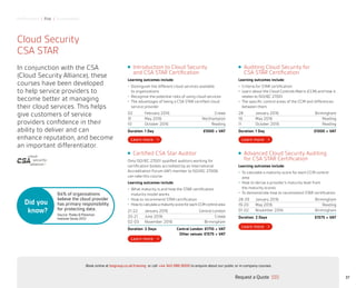 Performance | Risk | Sustainability
Introduction to Cloud Security
and CSA STAR Certification
Learning outcomes include:
•	 Distinguish the different cloud services available
to organizations
•	 Recognize the potential risks of using cloud services
•	 The advantages of being a CSA STAR certified cloud
service provider
02 February 2016 Crewe
31 May 2016 Northampton
10 October 2016 Reading
Duration: 1 Day £1000 + VAT
Certified CSA Star Auditor
Only ISO/IEC 27001 qualified auditors working for
certification bodies accredited by an International
Accreditation Forum (IAF) member to ISO/IEC 27006
can take this course.
Learning outcomes include:
•	 What maturity is and how the STAR certification
maturity model works
•	 How to recommend STAR certification
•	 HowtocalculateamaturityscoreforeachCCMcontrolarea
21-22 January 2016 Central London
20-21 June 2016 Crewe
02-03 November 2016 Birmingham
Duration: 2 Days Central London: £1710 + VAT
Other venues: £1575 + VAT
Advanced Cloud Security Auditing
for CSA STAR Certification
Learning outcomes include:
•	 To calculate a maturity score for each CCM control
area
•	 How to derive a provider’s maturity level from
the maturity scores
•	 To demonstrate how to recommend STAR certification
28-29 January 2016 Birmingham
19-20 May 2016 Reading
01-02 November 2016 Birmingham
Duration: 2 Days £1575 + VAT
37
Cloud Security
CSA STAR
In conjunction with the CSA
(Cloud Security Alliance), these
courses have been developed
to help service providers to
become better at managing
their cloud services. This helps
give customers of service
providers confidence in their
ability to deliver and can
enhance reputation, and become
an important differentiator.
64% of organizations
believe the cloud provider
has primary responsibility
for protecting data.
Source: Thales  Ponemon
Institute Study 2012
Auditing Cloud Security for
CSA STAR Certification
Learning outcomes include:
•	 Criteria for STAR certification
•	 Learn about the Cloud Controls Matrix (CCM) and how it
relates to ISO/IEC 27001
•	 The specific control areas of the CCM and differences
between them
28 January 2016 Birmingham
19 May 2016 Reading
11 October 2016 Reading
Duration: 1 Day £1000 + VAT
Did you
know?
Request a Quote
or call +44 345 086 9000 to enquire about our public or in-company courses.Book online at bsigroup.co.uk/training
ExitMain MenuNext PagePrevious Page
 