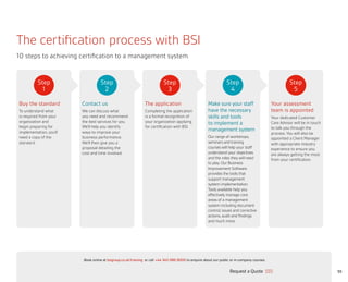 55
The certification process with BSI
10 steps to achieving certification to a management system.
Step
1
Step
3
Step
2
Step
5
Step
4
Your assessment
team is appointed
Your dedicated Customer
Care Advisor will be in touch
to talk you through the
process. You will also be
appointed a Client Manager
with appropriate industry
experience to ensure you
are always getting the most
from your certification.
Make sure your staff
have the necessary
skills and tools
to implement a
management system
Our range of workshops,
seminars and training
courses will help your staff
understand your objectives
and the roles they will need
to play. Our Business
Improvement Software
provides the tools that
support management
system implementation.
Tools available help you
effectively manage core
areas of a management
system including document
control, issues and corrective
actions, audit and findings
and much more.
The application
Completing the application
is a formal recognition of
your organization applying
for certification with BSI.
Contact us
We can discuss what
you need and recommend
the best services for you.
We’ll help you identify
ways to improve your
business performance.
We’ll then give you a
proposal detailing the
cost and time involved.
Buy the standard
To understand what
is required from your
organization and
begin preparing for
implementation, you’ll
need a copy of the
standard.
Request a Quote
or call +44 345 086 9000 to enquire about our public or in-company courses.Book online at bsigroup.co.uk/training
ExitMain MenuNext PagePrevious Page
 