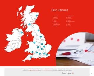 8
Our venues
1.	Aberdeen
2.	Glasgow
3.	Newcastle
4.	York
5.	Crewe
6.	Nottingham
7.	Peterborough
8. 	 Birmingham
9.	Northampton
10.	Cardiff
11.	Swindon
12.	Reading
13.	 Central London
14.	Kent
15.	Exeter
16.	BelfastM8
A9
M90
A90
M74
M6
M1
M1
M6
M4
M3 M25
4
8
7
11
12
6
9
10
3
13
5
15
14
1
2
M9
M6
M3
M4
E201
E20
E01
M2
M1
16
Request a Quote
or call +44 345 086 9000 to enquire about our public or in-company courses.Book online at bsigroup.co.uk/training
Main MenuNext PagePrevious Page Exit
 