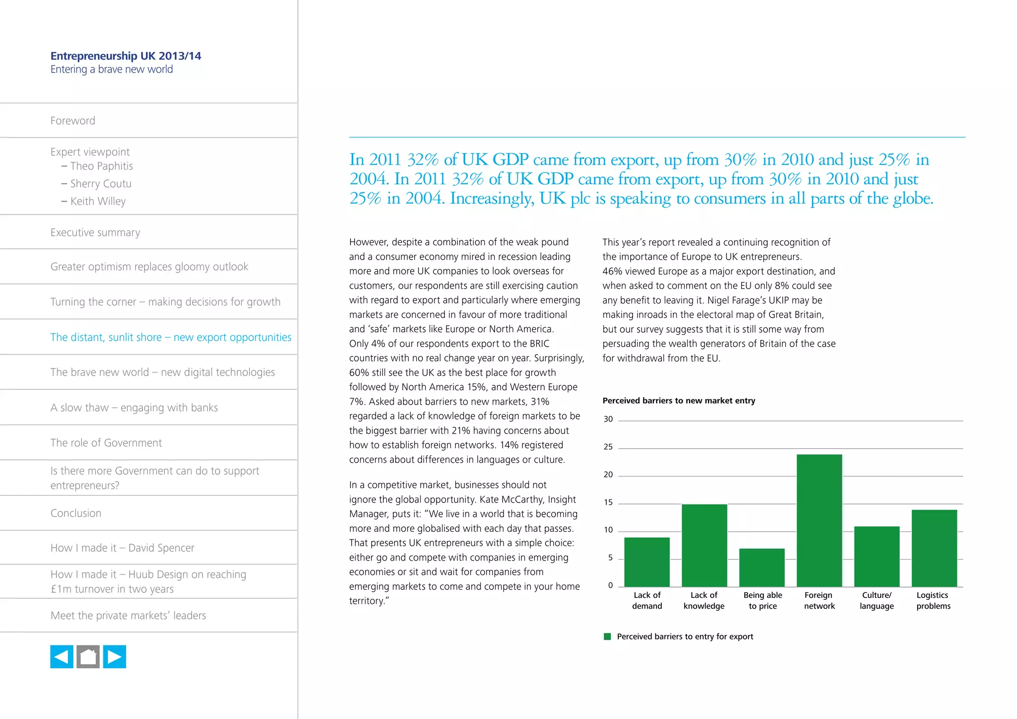 17

Entrepreneurship UK 2013/14
Entering a brave new world

Foreword
Expert viewpoint
	 – Theo Paphitis
	 – Sherry Coutu
	 – Keith Willey
Executive summary
Greater optimism replaces gloomy outlook
Turning the corner – making decisions for growth
The distant, sunlit shore – new export opportunities
The brave new world – new digital technologies
A slow thaw – engaging with banks
The role of Government
Is there more Government can do to support
entrepreneurs?
Conclusion
How I made it – David Spencer
How I made it – Huub Design on reaching
£1m turnover in two years
Meet the private markets’ leaders

In 2011 32% of UK GDP came from export, up from 30% in 2010 and just 25% in
2004. In 2011 32% of UK GDP came from export, up from 30% in 2010 and just
25% in 2004. Increasingly, UK plc is speaking to consumers in all parts of the globe.
However, despite a combination of the weak pound
and a consumer economy mired in recession leading
more and more UK companies to look overseas for
customers, our respondents are still exercising caution
with regard to export and particularly where emerging
markets are concerned in favour of more traditional
and ‘safe’ markets like Europe or North America.
Only 4% of our respondents export to the BRIC
countries with no real change year on year. Surprisingly,
60% still see the UK as the best place for growth
followed by North America 15%, and Western Europe
7%. Asked about barriers to new markets, 31%
regarded a lack of knowledge of foreign markets to be
the biggest barrier with 21% having concerns about
how to establish foreign networks. 14% registered
concerns about differences in languages or culture.
In a competitive market, businesses should not
ignore the global opportunity. Kate McCarthy, Insight
Manager, puts it: “We live in a world that is becoming
more and more globalised with each day that passes.
That presents UK entrepreneurs with a simple choice:
either go and compete with companies in emerging
economies or sit and wait for companies from
emerging markets to come and compete in your home
territory.”

This year’s report revealed a continuing recognition of
the importance of Europe to UK entrepreneurs.
46% viewed Europe as a major export destination, and
when asked to comment on the EU only 8% could see
any benefit to leaving it. Nigel Farage’s UKIP may be
making inroads in the electoral map of Great Britain,
but our survey suggests that it is still some way from
persuading the wealth generators of Britain of the case
for withdrawal from the EU.

Perceived barriers to new market entry
30
25
20
15
10
5
0
Lack of
demand

Lack of
knowledge

Being able
to price

Perceived barriers to entry for export

h

Foreign
network

Culture/
language

Logistics
problems

 