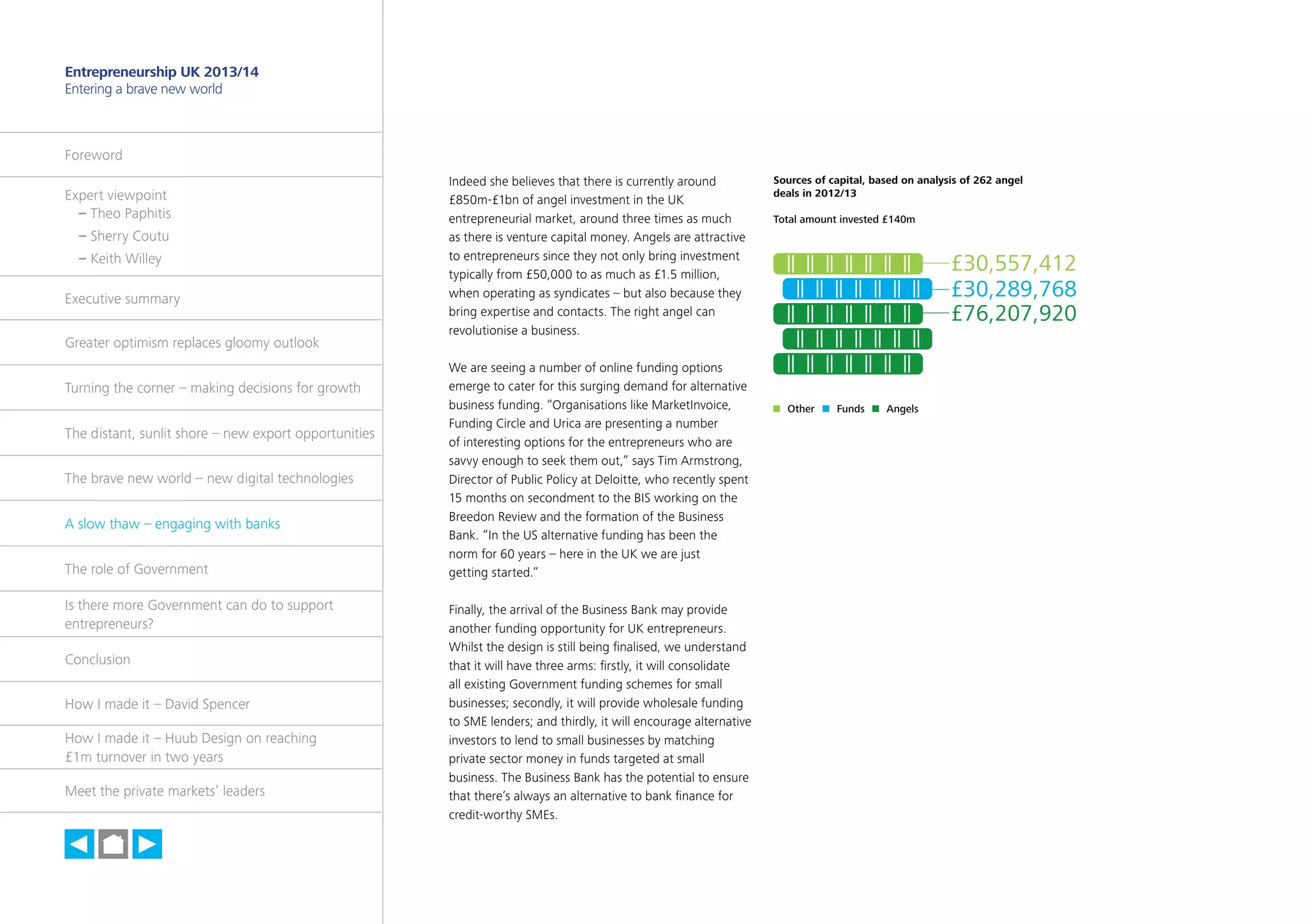 27

Entrepreneurship UK 2013/14
Entering a brave new world

Foreword
Expert viewpoint
	 – Theo Paphitis
	 – Sherry Coutu
	 – Keith Willey
Executive summary
Greater optimism replaces gloomy outlook
Turning the corner – making decisions for growth
The distant, sunlit shore – new export opportunities
The brave new world – new digital technologies
A slow thaw – engaging with banks
The role of Government
Is there more Government can do to support
entrepreneurs?
Conclusion
How I made it – David Spencer
How I made it – Huub Design on reaching
£1m turnover in two years
Meet the private markets’ leaders

h

Indeed she believes that there is currently around
£850m-£1bn of angel investment in the UK
entrepreneurial market, around three times as much
as there is venture capital money. Angels are attractive
to entrepreneurs since they not only bring investment
typically from £50,000 to as much as £1.5 million,
when operating as syndicates – but also because they
bring expertise and contacts. The right angel can
revolutionise a business.
We are seeing a number of online funding options
emerge to cater for this surging demand for alternative
business funding. “Organisations like MarketInvoice,
Funding Circle and Urica are presenting a number
of interesting options for the entrepreneurs who are
savvy enough to seek them out,” says Tim Armstrong,
Director of Public Policy at Deloitte, who recently spent
15 months on secondment to the BIS working on the
Breedon Review and the formation of the Business
Bank. “In the US alternative funding has been the
norm for 60 years – here in the UK we are just
getting started.”
Finally, the arrival of the Business Bank may provide
another funding opportunity for UK entrepreneurs.
Whilst the design is still being finalised, we understand
that it will have three arms: firstly, it will consolidate
all existing Government funding schemes for small
businesses; secondly, it will provide wholesale funding
to SME lenders; and thirdly, it will encourage alternative
investors to lend to small businesses by matching
private sector money in funds targeted at small
business. The Business Bank has the potential to ensure
that there’s always an alternative to bank finance for
credit-worthy SMEs.

Sources of capital, based on analysis of 262 angel
deals in 2012/13
Total amount invested £140m

£30,557,412
£30,289,768
£76,207,920

Other

Funds

Angels

 