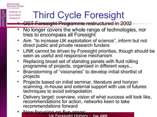 Third Cycle Foresight OST Foresight Programme restructured in 2002 No longer covers the whole range of technologies, nor tries to encompass all Foresight Aim  “to increase UK exploitation of science”, inform but not direct public and private research funders LINK cannot be driven by Foresight priorities, though should be seen as useful and responsive mechanism Replacing broad set of standing panels with fluid rolling programme of projects, organised in different ways... Brainstorming of “visionaries” to develop initial shortlist of projects Projects based on initial seminar, literature and horizon scanning, in-house and external support with use of futures techniques to avoid extrapolation Delivery target: overview, vision of what success will look like, recommendations for action, networks keen to take recommendations forward Now focusing on five areas: 