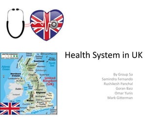 Health System in UK
By Group 5a
Samindra Fernando
Rushikesh Panchal
Goran Baiz
Omar Yunis
Mark Gitterman
 
