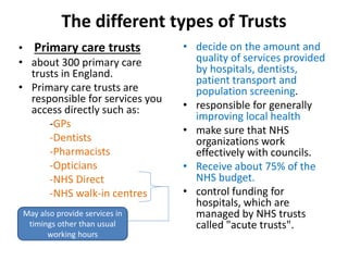 The different types of Trusts
• Primary care trusts
• about 300 primary care
trusts in England.
• Primary care trusts are
responsible for services you
access directly such as:
-GPs
-Dentists
-Pharmacists
-Opticians
-NHS Direct
-NHS walk-in centres
• decide on the amount and
quality of services provided
by hospitals, dentists,
patient transport and
population screening.
• responsible for generally
improving local health
• make sure that NHS
organizations work
effectively with councils.
• Receive about 75% of the
NHS budget.
• control funding for
hospitals, which are
managed by NHS trusts
called "acute trusts".
May also provide services in
timings other than usual
working hours
 