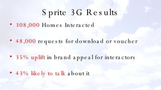 Sprite 3G Results 308,000  Homes Interacted 48,000  requests for download or voucher 35% uplift  in brand appeal for interactors 43% likely to talk  about it 