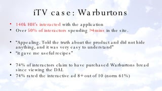 iTV case: Warburtons 140k HH’s interacted  with the application Over  50% of interactors  spending  >4mins  in the site. “ Appealing. Told the truth about the product and did not hide anything, and it was very easy to understand” “ it gave me useful recipes” 74% of interactors claim to have purchased Warburtons bread since viewing the DAL 74% rated the interactive ad 8+ out of 10 (norm 61%) 