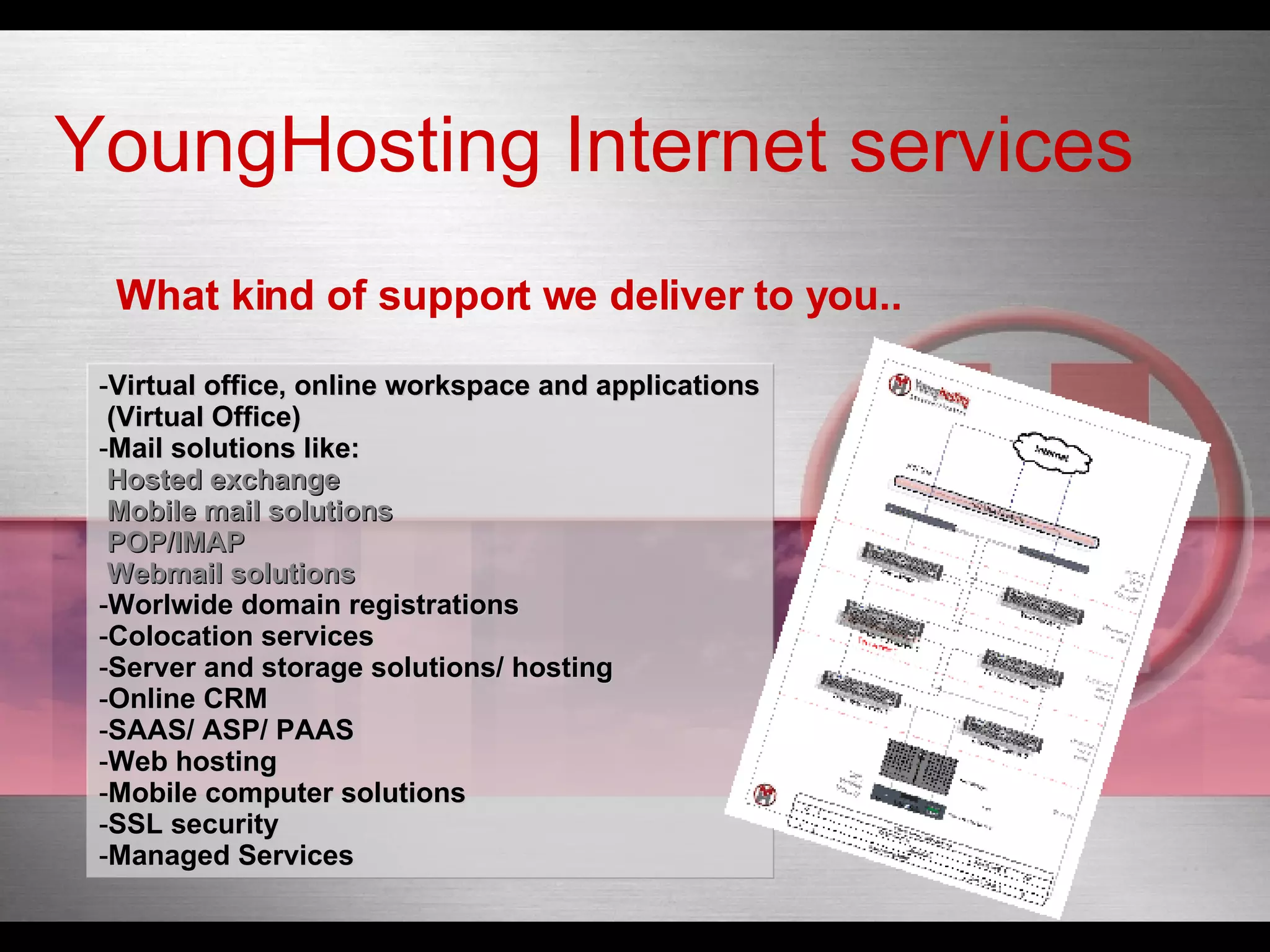 What kind of support we deliver to you.. Virtual office, online  workspace  and  applications  (Virtual Office) Mail solutions like:   Hosted exchange  Mobile mail solutions  POP/IMAP  Webmail solutions Worlwide domain  registrations Colocation services Server and storage solutions/ hosting Online CRM SAAS/ ASP/ PAAS Web hosting Mobile computer  solutions SSL security Managed Services YoungHosting Internet services 
