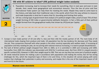 UK with EU achieve to what? (UK political weight index analysis)
MAYNTER
www.maynter.comMaysam araee daronkola
2
7. Europe is main trade partner of UK and after it, Asia and then USA the mostly partner of UK. The main body of UK
international trade shaping from produce and trade. UK population has the low tendency for decrease and They needs
the job. They comparison themself with other people in the other country( especially with welfare state). if increasing of
population and they needing for jobs, do not joining with national revenue increasing, it is lead to people dissatisfaction.
8. The bulk of British political weight dropped from 2001 to 2003, so it is controlled in 2004 and increasing until 2005.
hereinafter, from 2005 this indicator was descended until 2010 for 5 continues years. But from 2010 It is stayed around a
specific number(235), However in 2001 their weight equal to 298. Then we can say they lose some part of political weight.
9. UK needs industrial actions for making a job in accordance with populations and making the money. But UK has strong
challenges for this, which the important type of them is EU and China. In this situation UK cannot playing with some
matters that challenge their potentials in policy and economy, and maybe this is the one of the important reason of UK
exit from EU in the future.
5. Population increasing, lead to increase their needs for everything, then in next year and even in next
decade, their needs more geographical and economical resource. Thus the low oil price and free
international Trade system can help them for meeting the needs. Maybe they need to come back to
the history, and take back their traditional rules in the world, which from this way achieve to resource
and trade (especially in Asia) but it seems that EU, bounding and limiting their policy.
6. UK has a strong type of government that analysis of it political weight index, proof at least 75% of their
weight forming of GW index or governmental ability(its fantastic). In fact a little part of their political
weight formed from the geographical reality that shown by LPC(Land per Capita).
0
20
40
60
80
100
2001 2003 2005 2007 2009 2011 2013 2015 2017
GW
75%
LPC
25%
 