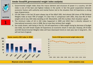 Awake lions(UK governmental weight index analysis)
MAYNTER
www.maynter.comMaysam araee daronkola
1
1. Governmental weight index show the macro element and structure of power in a country. UK GW
index is one of the best and highest indexes in the world. In fact the good cooperation between
economic Factors with authority and mental factors led to the situation that UK Experience a strong
type of governance.
2. UK GW index in the last 20 years always top of the 60(of 100). And almost GW share of PW (Political
Weight) index at least 70% of weight. It's clear that in comparison with 2001, they lose 8% of their
weight and at now, GW index standing on 64. Meanwhile, with this number, their situation is good.
3. The minimum index of UK in GW index happened in 2009 and 2010 that is directly relevant to
international economic crisis in 2008. But at now they retrieve their weight.
4. Our study shown, with being in the EU, UK will experience a little weight losing by decrease of budget
size index, but with brexit maybe UK Experience an economic shock in next year. Anyway, UK B index
and GW (Governmental Weight) index will have downward trend on next year, but in long-term , this
will not harm England.
0
20
40
60
80
100
0
10
20
30
40
50
60
70
80
2000 2002 2004 2006 2008 2010 2012 2014 2016 2018
Trend of GW (governmental weight index) of UKSome country GW index in 2018
 